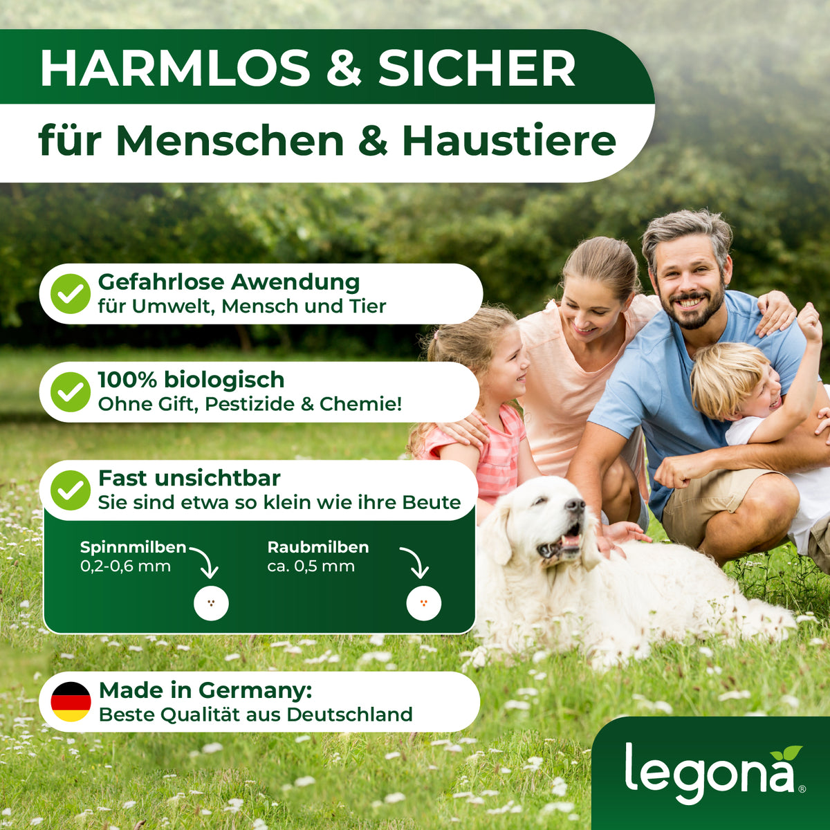 Eine Familie mit Hund sitzt auf einer Wiese, umgeben von grüner Vegetation. Links: drei grüne Sprechblasen mit Text zum Thema 'HARMLOS & SICHER für Menschen & Haustiere' zu sehen