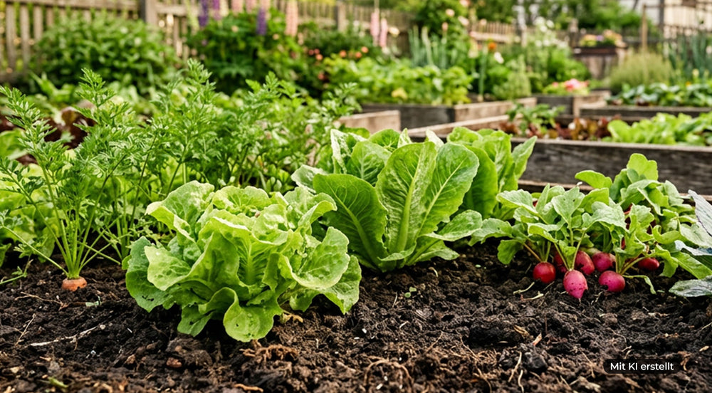 Gemüsebeet mit verschiedenen Gemüsepflanzen wie Salat, Karotten und Radieschen in Reihen gepflanzt