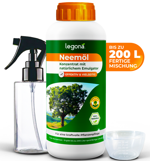 Flasche mit Neemöl-Konzentrat von Legona mit Sprühflasche und Messbecher