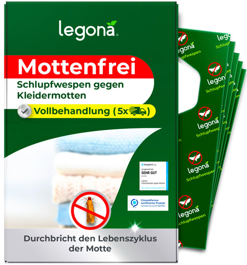 Verpackung von legona Mottenfrei Schlupfwespen gegen Kleidermotten mit Hinweis auf Vollbehandlung und Symbol für fünf Anwendungen