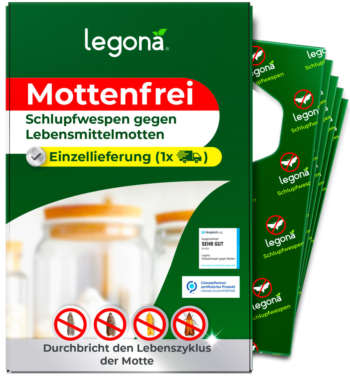 Verpackung von legona Mottenfrei Schlupfwespen gegen Lebensmittelmotten mit Hinweis auf Einzellieferung und Symbol für einmalige Anwendung