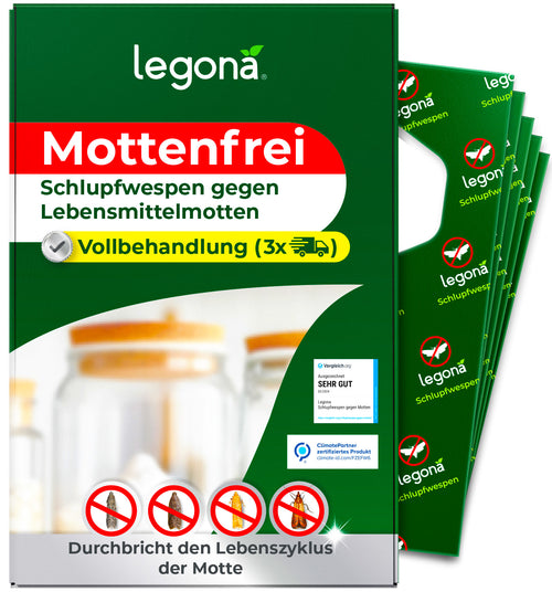 Verpackung von legona Mottenfrei Schlupfwespen gegen Lebensmittelmotten mit Hinweis auf Vollbehandlung und Symbol für drei Anwendungen
