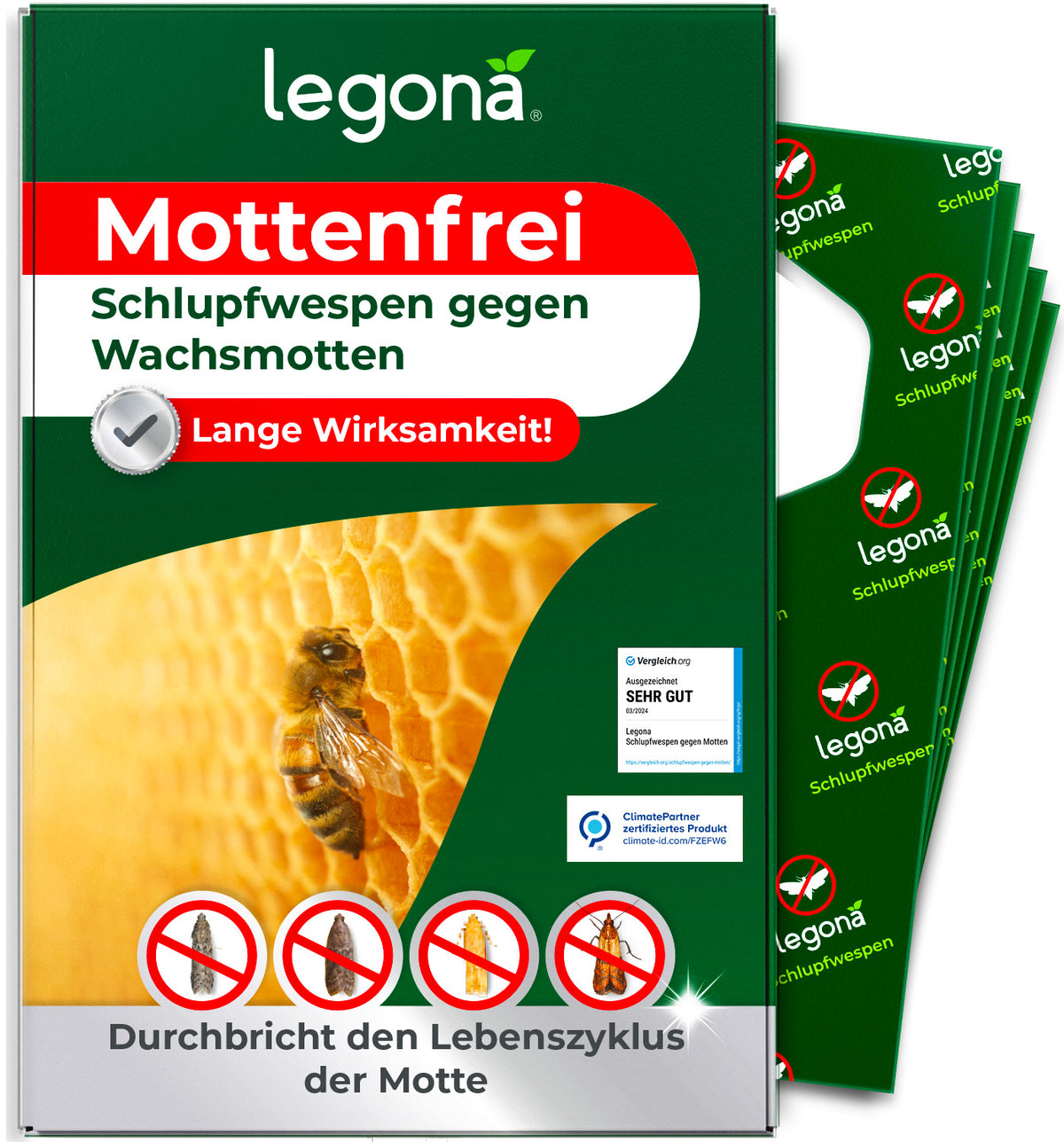 Verpackung von legona Mottenfrei mit Schlupfwespen gegen Wachsmotten zeigt Biene auf Wabe und dem Hinweis, dass die Anwendung den Lebenszyklus der Mott durchbricht