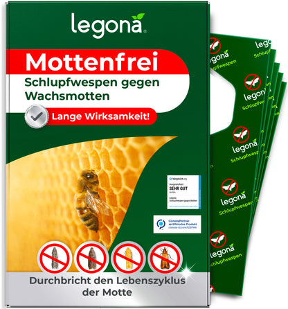 Verpackung von legona Mottenfrei mit Schlupfwespen gegen Wachsmotten zeigt Biene auf Wabe und dem Hinweis, dass die Anwendung den Lebenszyklus der Mott durchbricht