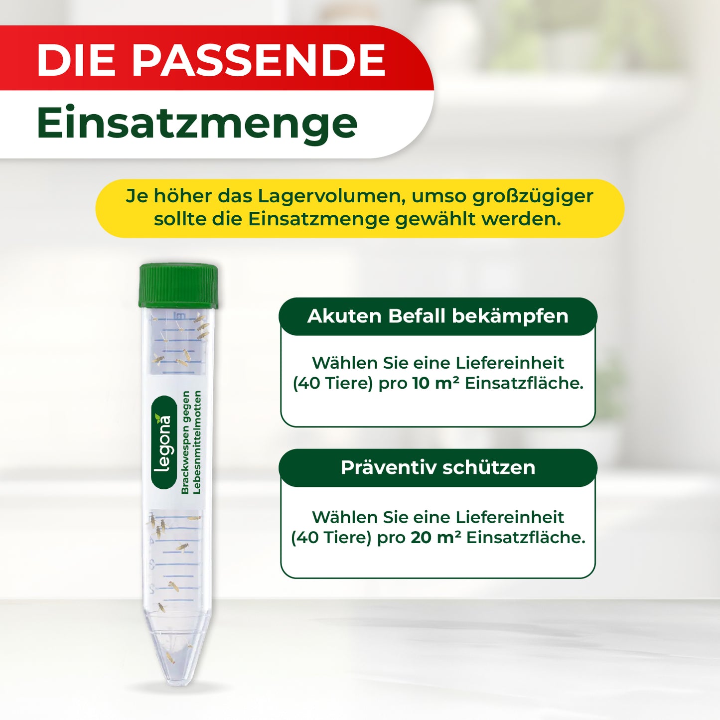 Legona Brackwespen in einer transparenten Kunststoffröhre mit grünem Deckel, Anleitung zur passenden Einsatzmenge bei akutem Befall und präventivem Schutz