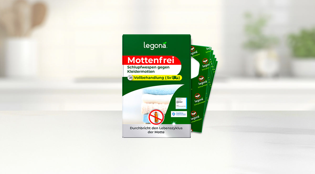 Packung mit legona Mottenfrei Schlupfwespen gegen Kleidermotten als Vollbehandlung vor unscharfem Hintergrund
