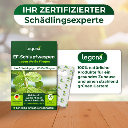 Produktverpackung von Legona EF-Schlupfwespen gegen Weiße Fliegen mit Texten zu natürlichen Produkten und Schädlingsbekämpfung