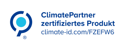 Blaues ClimatePartner-Logo mit Text 'ClimatePartner zertifiziertes Produkt climate-id.com/FZEFW6'