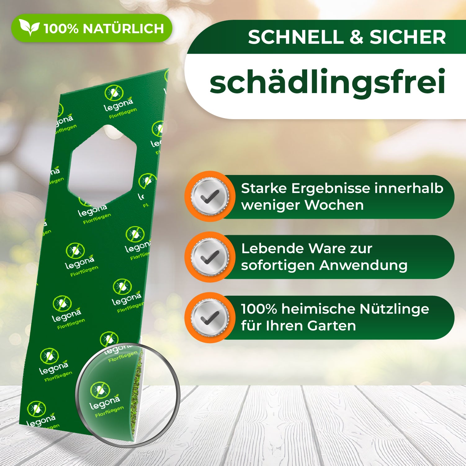 Verpackung mit grünem Design und Lupe zeigt Text 'Legona Florfliegen' vor unscharfem Hintergrund mit Text zu natürlichen Schädlingsbekämpfungsvorteilen