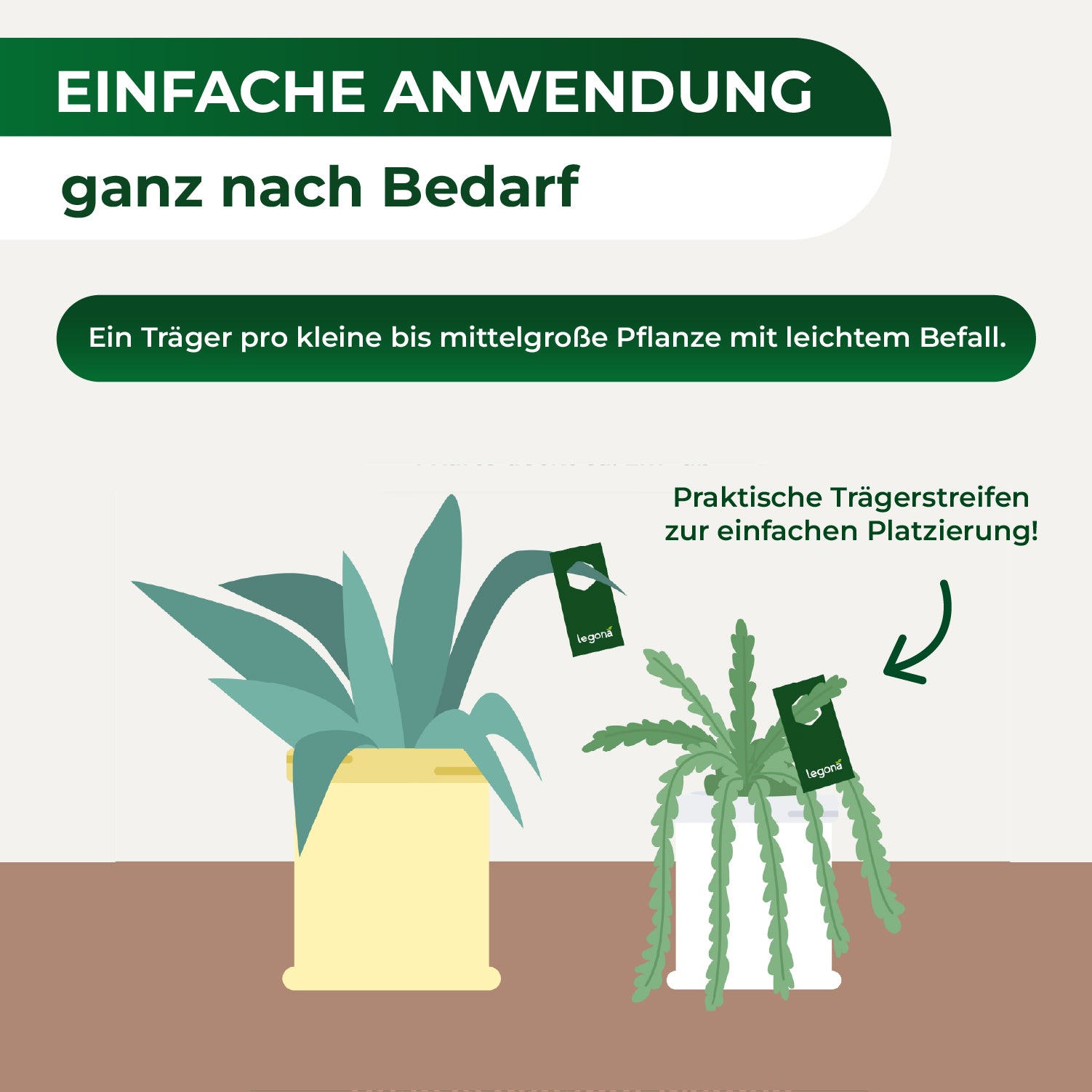 Zwei Topfpflanzen mit grünen Blättern, jeweils mit einem kleinen grünen Trägerstreifen bestückt