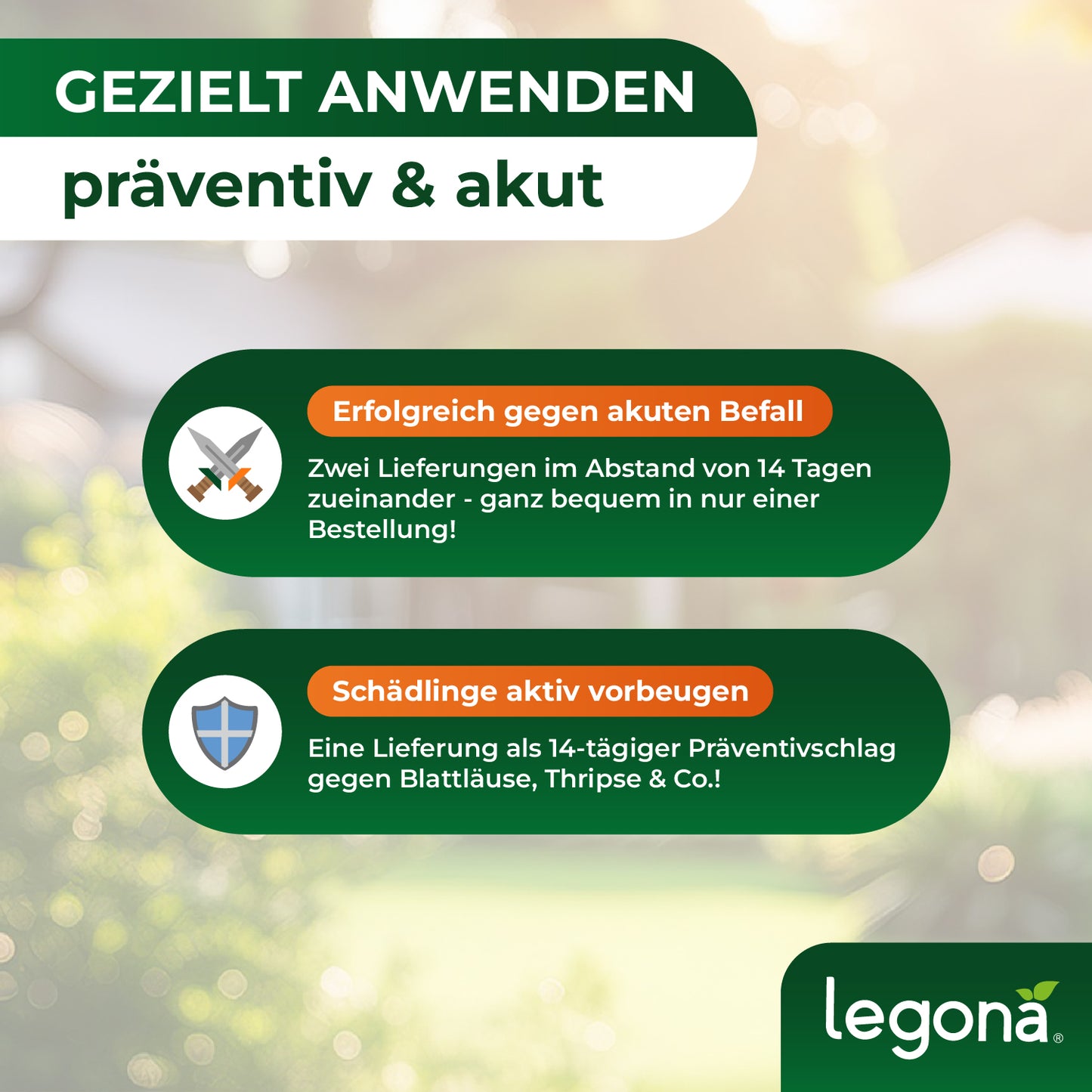 Grüne Infografik mit Text zu gezielter Anwendung von Pflanzenschutzmitteln gegen akuten Befall und zur Prävention von Schädlingen.
