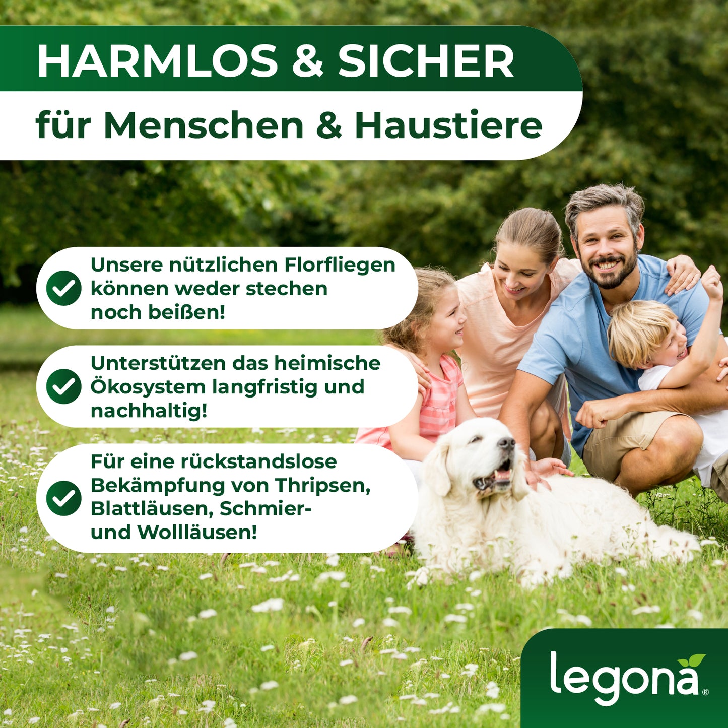 Eine Familie mit Hund sitzt auf einer Wiese, umgeben von grüner Vegetation. Links: drei grüne Sprechblasen mit Text zum Thema 'HARMLOS & SICHER für Menschen & Haustiere' zu sehen