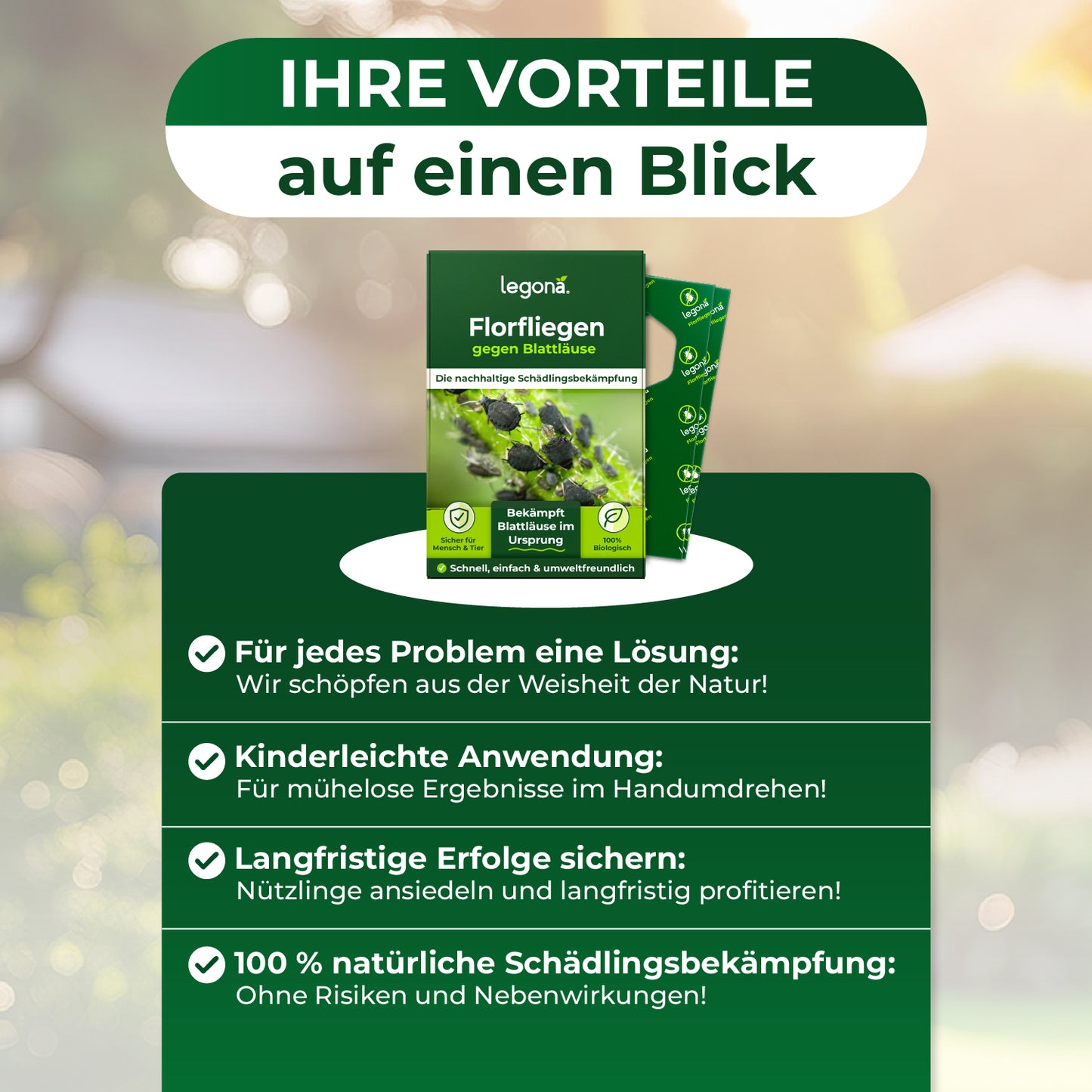 Produktverpackung von Legona Florfliegen gegen Blattläuse mit Vorteilsübersicht