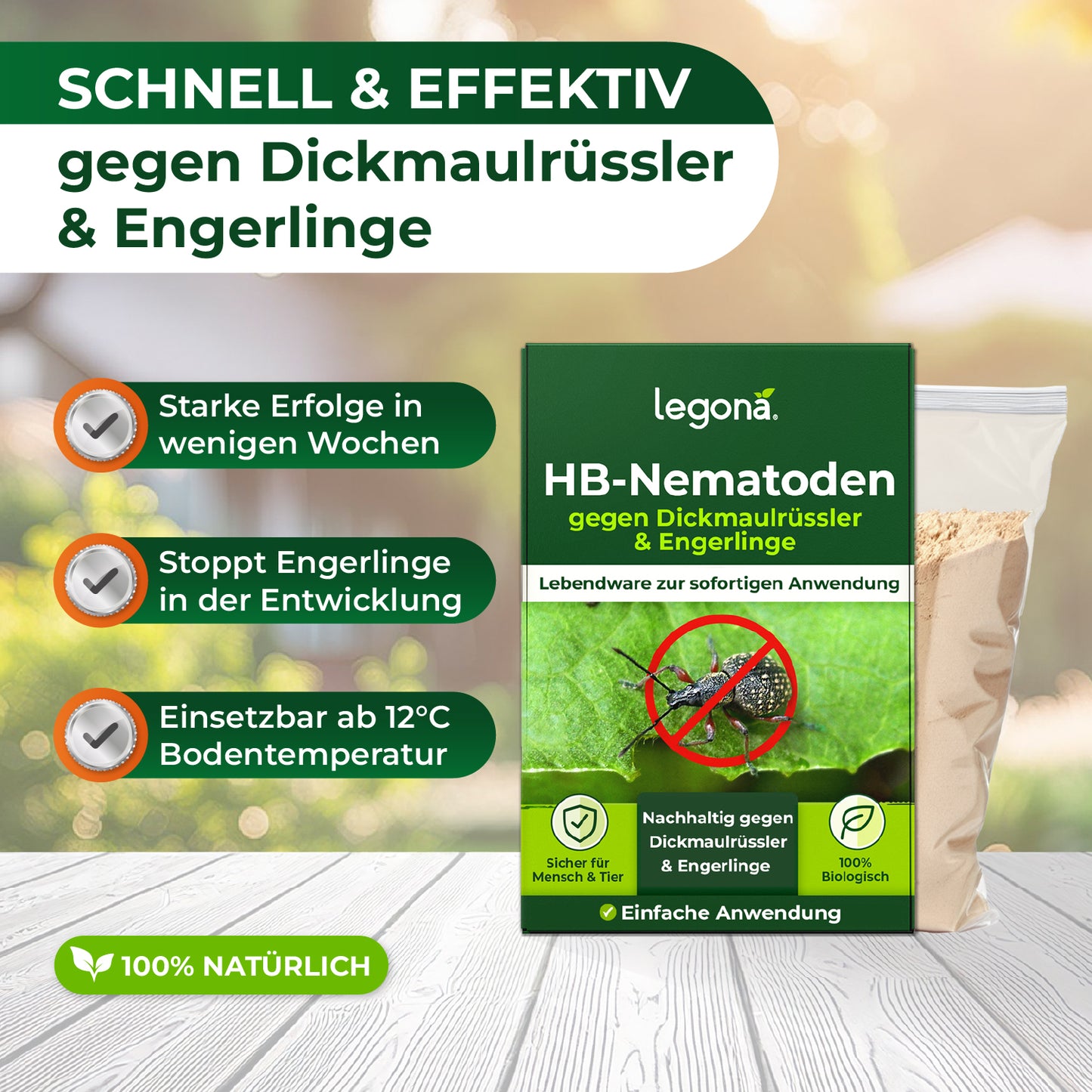 Verpackung von legona HB-Nematoden mit Texten zu schneller und effektiver Wirkung gegen Dickmaulrüssler und Engerlinge sowie Anwendungshinweisen