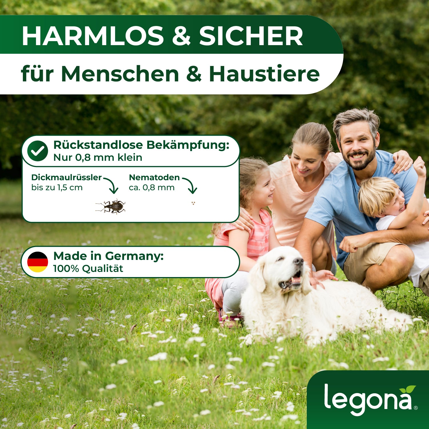Familie mit zwei Erwachsenen, Kind und weißem Hund sitzt auf einer Wiese, Text betont sichere Bekämpfung von Dickmaulrüsslern mit HB-Nematoden