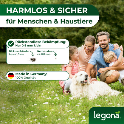 Familie mit zwei Erwachsenen, Kind und weißem Hund sitzt auf einer Wiese, Text betont sichere Bekämpfung von Dickmaulrüsslern mit HB-Nematoden