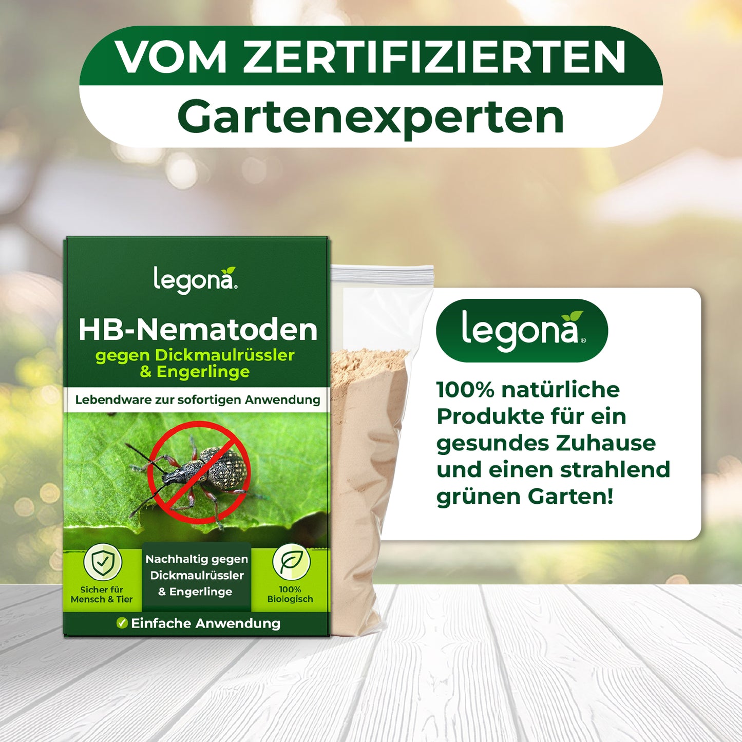 Verpackung von Legona HB-Nematoden gegen Dickmaulrüssler und Engerlinge mit Text zu 100 Prozent natürlichen Produkten für gesunden Garten