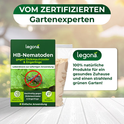 Verpackung von Legona HB-Nematoden gegen Dickmaulrüssler und Engerlinge mit Text zu 100 Prozent natürlichen Produkten für gesunden Garten