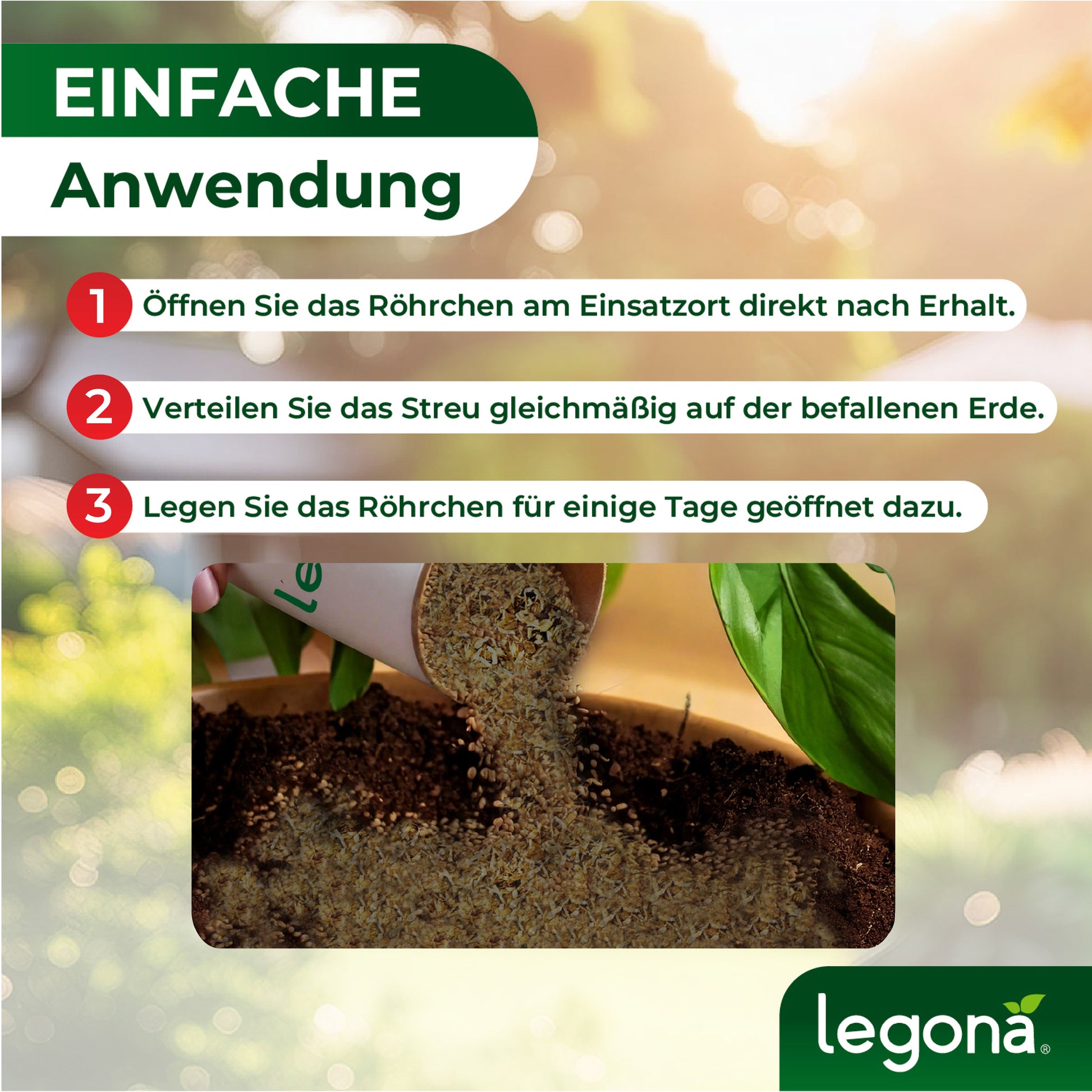 Anwendungshinweise zur Benutzung von Raubmilben mit Nahaufnahme von Erde, auf die ein braunes Granulat aus einem weißen Behälter mit grünem Aufdruck gestreut wird