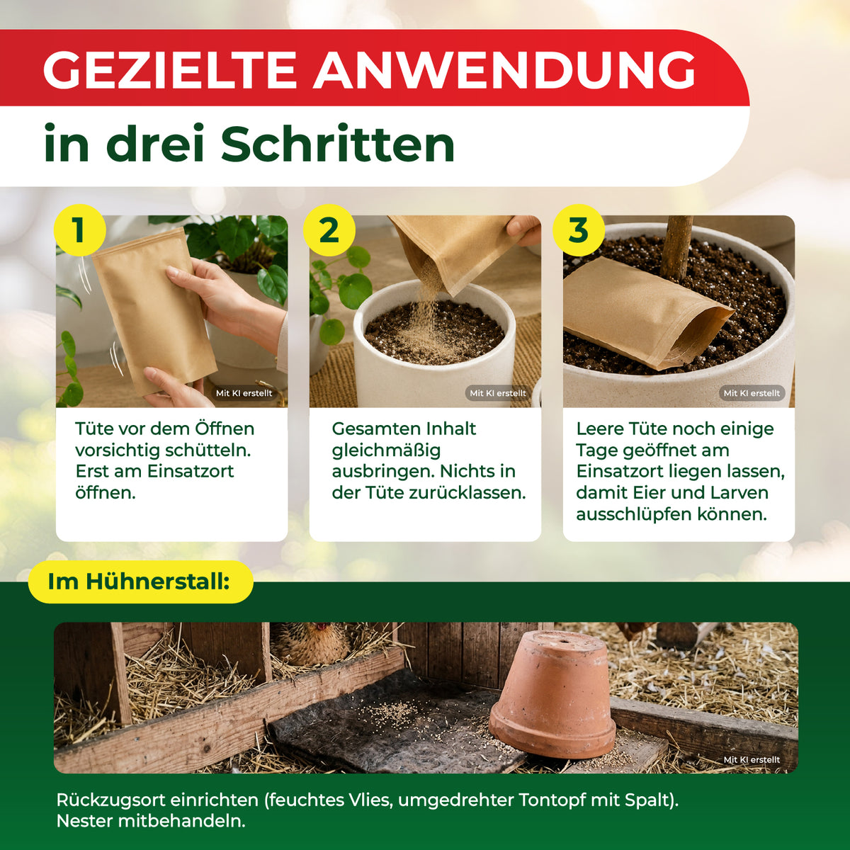 Drei Schritte zur gezielten Anwendung mit Bildern von Händen, die eine braune Tüte öffnen und deren Inhalt in einen Blumentopf mit Erde streuen, sowie ein Hühnerstall mit Stroh, einem umgedrehten Tontopf und einem Spalt als Rückzugsort