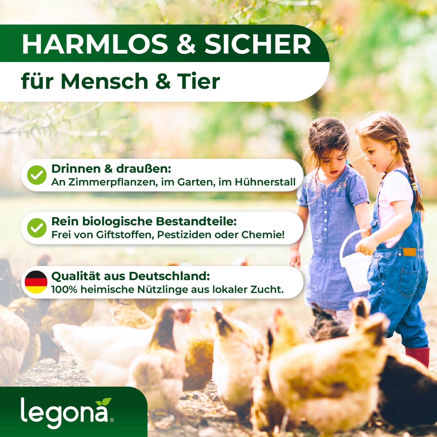 Zwei Mädchen füttern Hühner im Freien, Text hebt harmlose, sichere und biologische Produktqualität von Legona Hypoaspis miles hervor