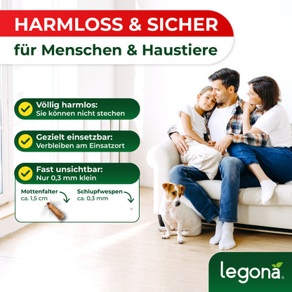 Familie mit Kind und Hund sitzt auf weißem Sofa in hellem Raum neben Textbox mit Produktinformationen zu harmlosen, kleinen Schlupfwespen gegen Mottenfalter, darunter grünes Legona-Logo