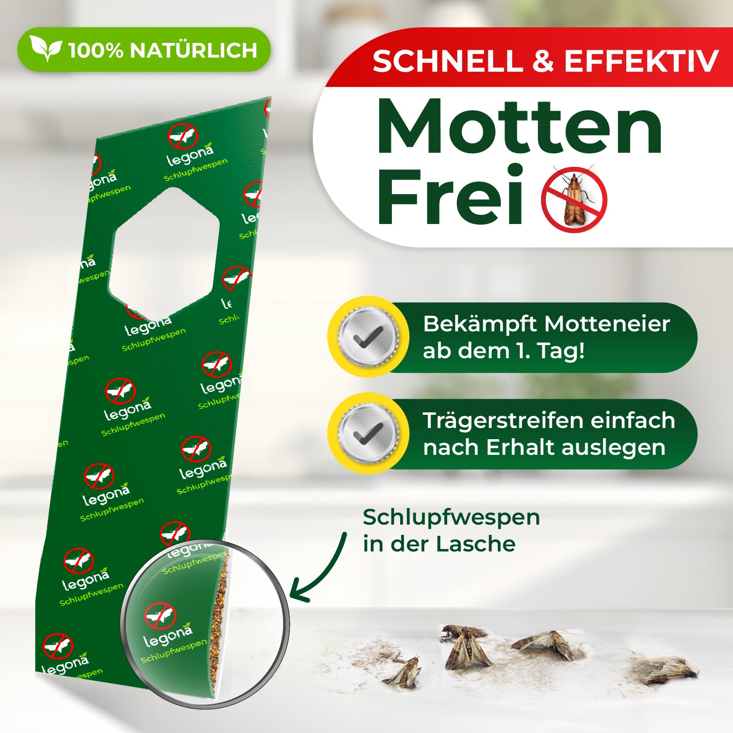 Trägerstreifen in grünem Design und Texten zu Schlupfwespen gegen Motten mit Fokus auf Trägerstreifenlasche und kleinen abgestorbenen Motten auf weißem Untergrund