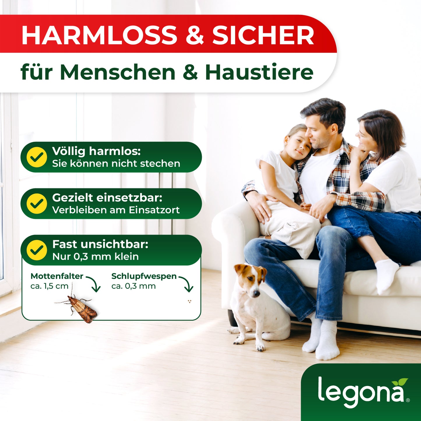 Familie mit zwei Kindern und Hund sitzt auf Sofa, daneben Infokasten mit Text "Harmlos & Sicher - für Menschen & Haustiere" und Schlupfwespen Größenvergleich zu Mottenfaltern