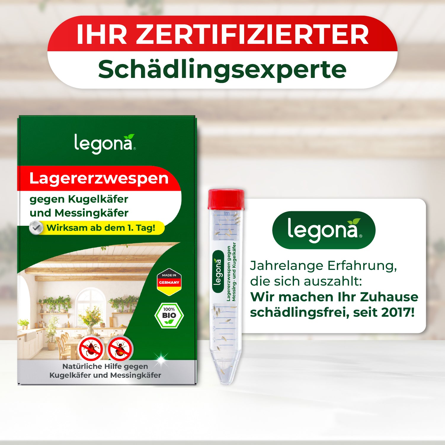 Packung und Anwendungsröhrchen des Produkts legona Lagererzwespen gegen Kugelkäfer und Messingkäfer mit Texten zu Wirksamkeit und Zertifizierung
