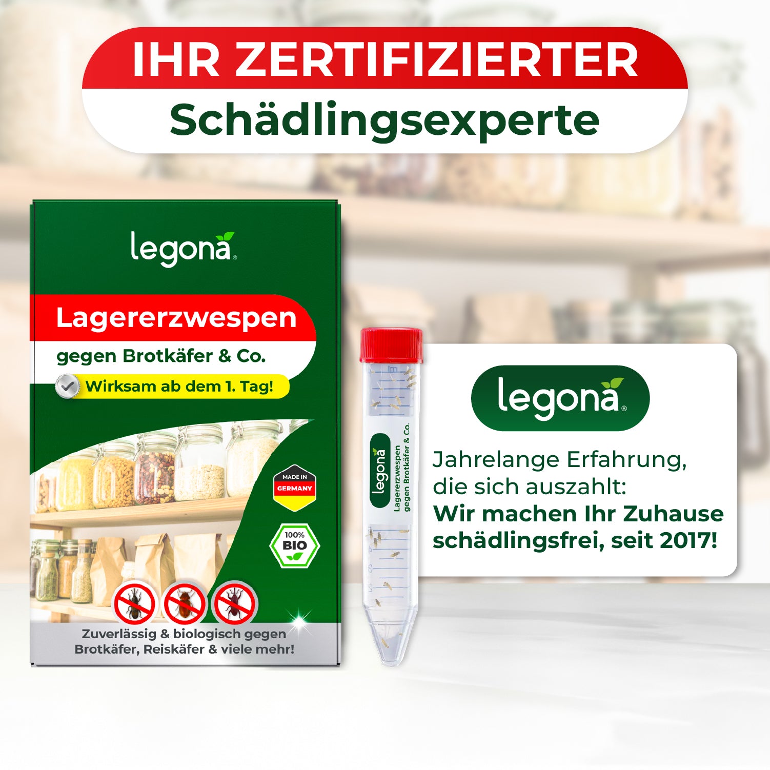 Packung und Anwendungsröhrchen des Produkts legona Lagererzwespen gegen Brotkäfer & Co. mit Texten zu Wirksamkeit und Zertifizierung