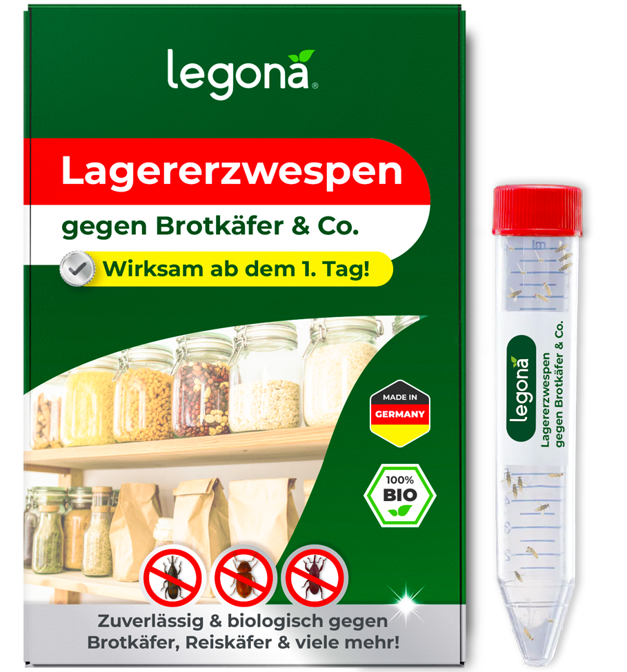 Verpackung und Plastikröhrchen des Produkts Legona Lagererzwespen gegen Brotkäfer & Co. mit Texten und Symbolen auf grün-weißem Hintergrund