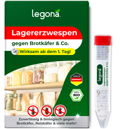 Verpackung und Plastikröhrchen des Produkts Legona Lagererzwespen gegen Brotkäfer & Co. mit Texten und Symbolen auf grün-weißem Hintergrund