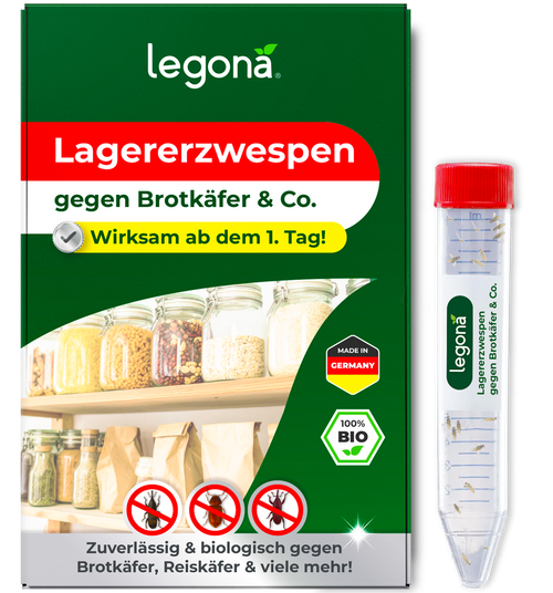Verpackung und Plastikröhrchen des Produkts Legona Lagererzwespen gegen Brotkäfer & Co. mit Texten und Symbolen auf grün-weißem Hintergrund
