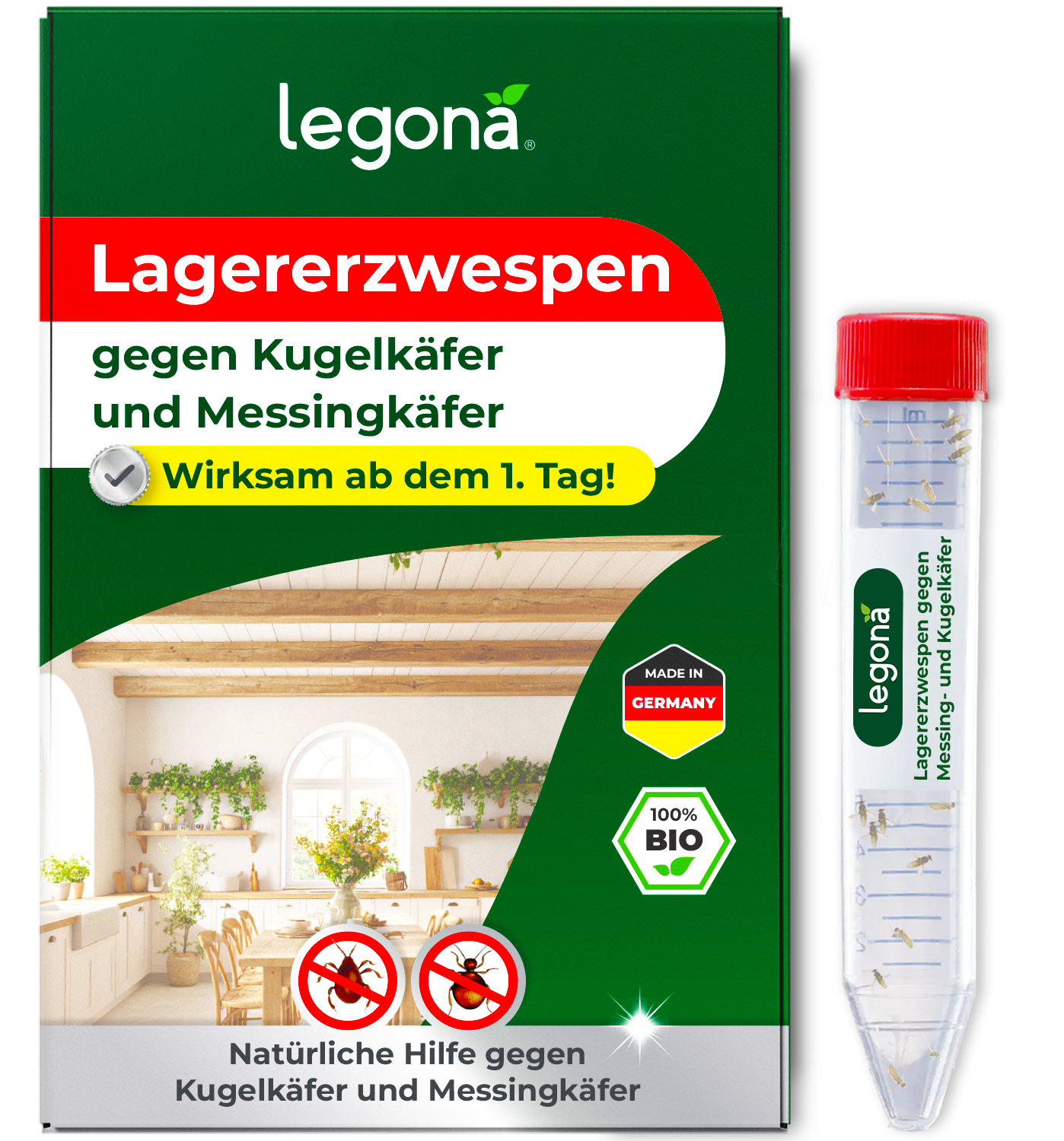 Verpackung und Plastikröhrchen des Produkts Legona Lagererzwespen gegen Kugelkäfer und Messingkäfer mit Texten und Symbolen auf grün-weißem Hintergrund