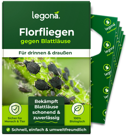 Verpackung von Legona Florfliegen gegen Blattläuse mit Bild von Blattläusen auf einem Pflanzenstängel und Texten zu Anwendung, Sicherheit und biologischer Wirkung