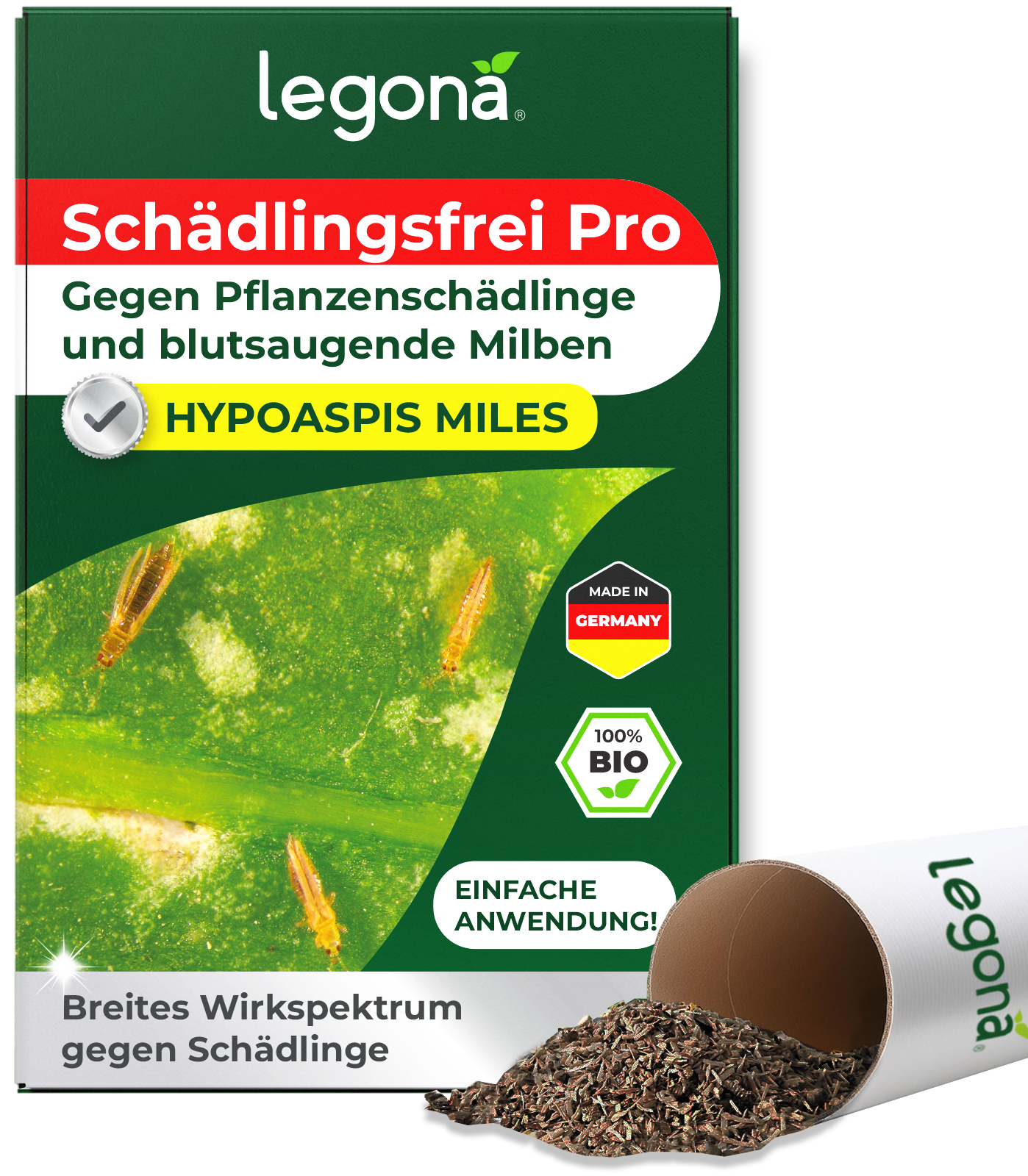 Verpackung von Legona Schädlingsfrei Pro mit Nahaufnahme von Hypoaspis-Milben auf einem Blatt und einem umgekippten Becher mit Granulat