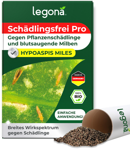 Verpackung von Legona Schädlingsfrei Pro mit Nahaufnahme von Hypoaspis-Milben auf einem Blatt und einem umgekippten Becher mit Granulat
