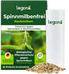 Verpackung eines Legona-Produkts gegen Spinnmilben mit grünem Design, Text und einer weißen Dose neben einem Haufen Granulat