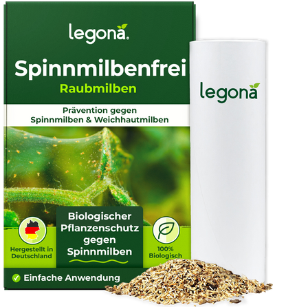 Verpackung eines Legona-Produkts gegen Spinnmilben mit grünem Design, Text und einer weißen Dose neben einem Haufen Granulat