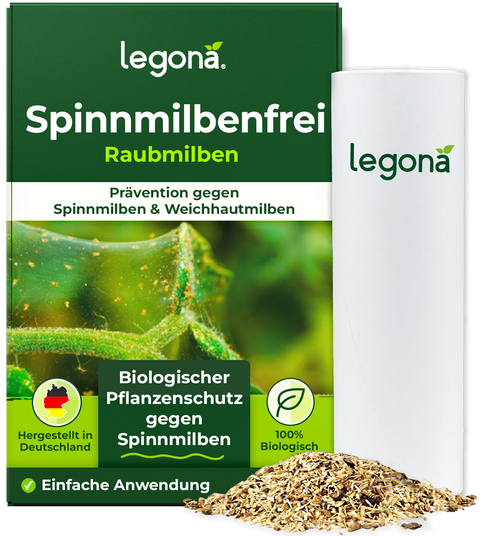 Verpackung eines Legona-Produkts gegen Spinnmilben mit grünem Design, Text und einer weißen Dose neben einem Haufen Granulat
