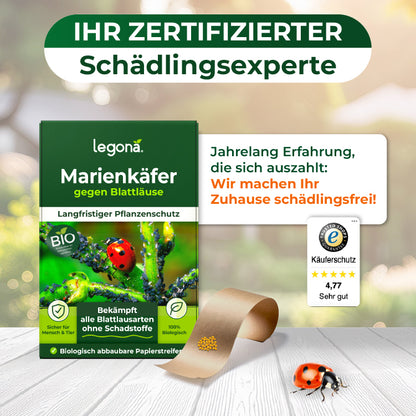 Legona Marienkäfer gegen Blattläuse mit Text 'Ihr zertifizierter Schädlingsexperte' und 'Wir machen Ihr Zuhause schädlingsfrei', inklusive Bewertung 4,77 Sterne und biologisch abbaubare Papierstreifen