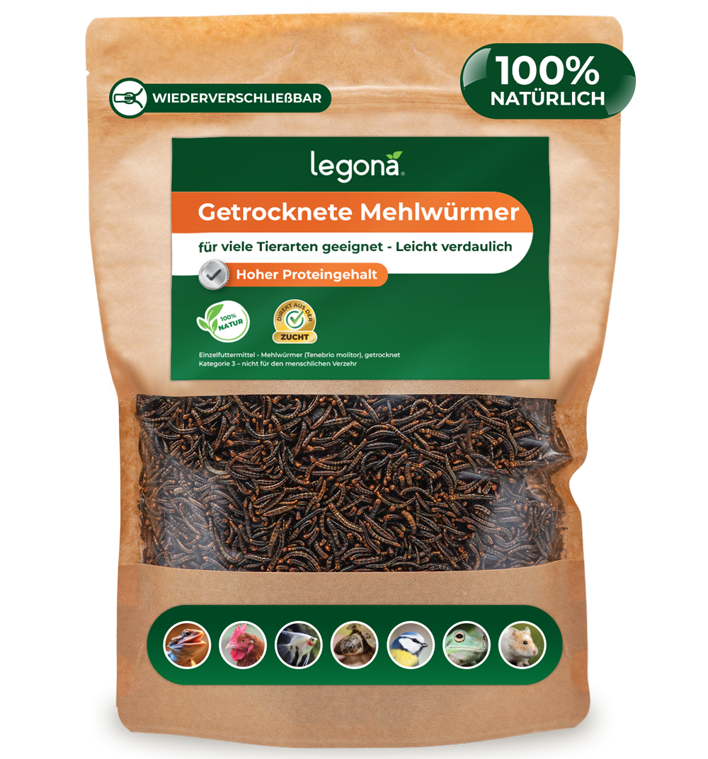 Packung mit getrockneten Mehlwürmern der Marke Legona mit grünem Etikett und Symbolen verschiedener Tierarten, die damit gefüttert werden können.