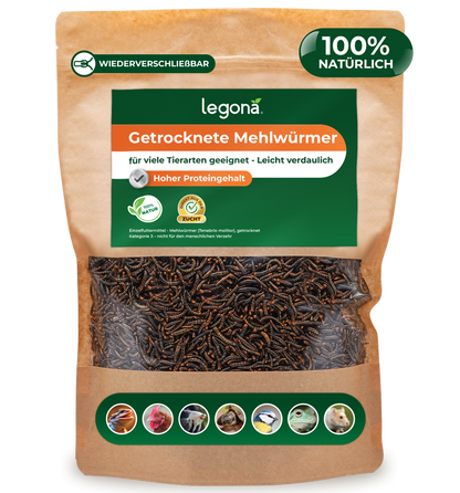 Packung mit getrockneten Mehlwürmern der Marke Legona mit grünem Etikett und Symbolen verschiedener Tierarten, die damit gefüttert werden können.