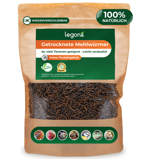Packung mit getrockneten Mehlwürmern der Marke Legona mit grünem Etikett und Symbolen verschiedener Tierarten, die damit gefüttert werden können.