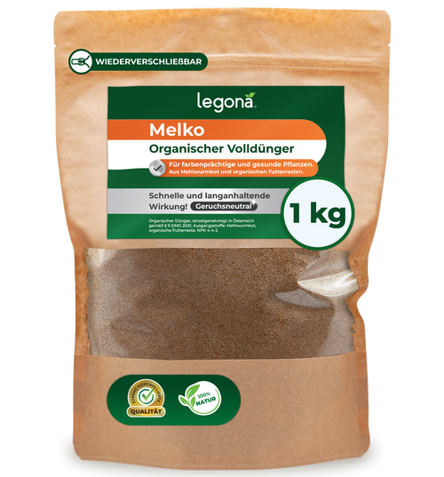 Braune, wiederverschließbare Verpackung mit grün-weiß-orangefarbenem Etikett für Legona Melko organischen Volldünger mit 1 kg Inhalt