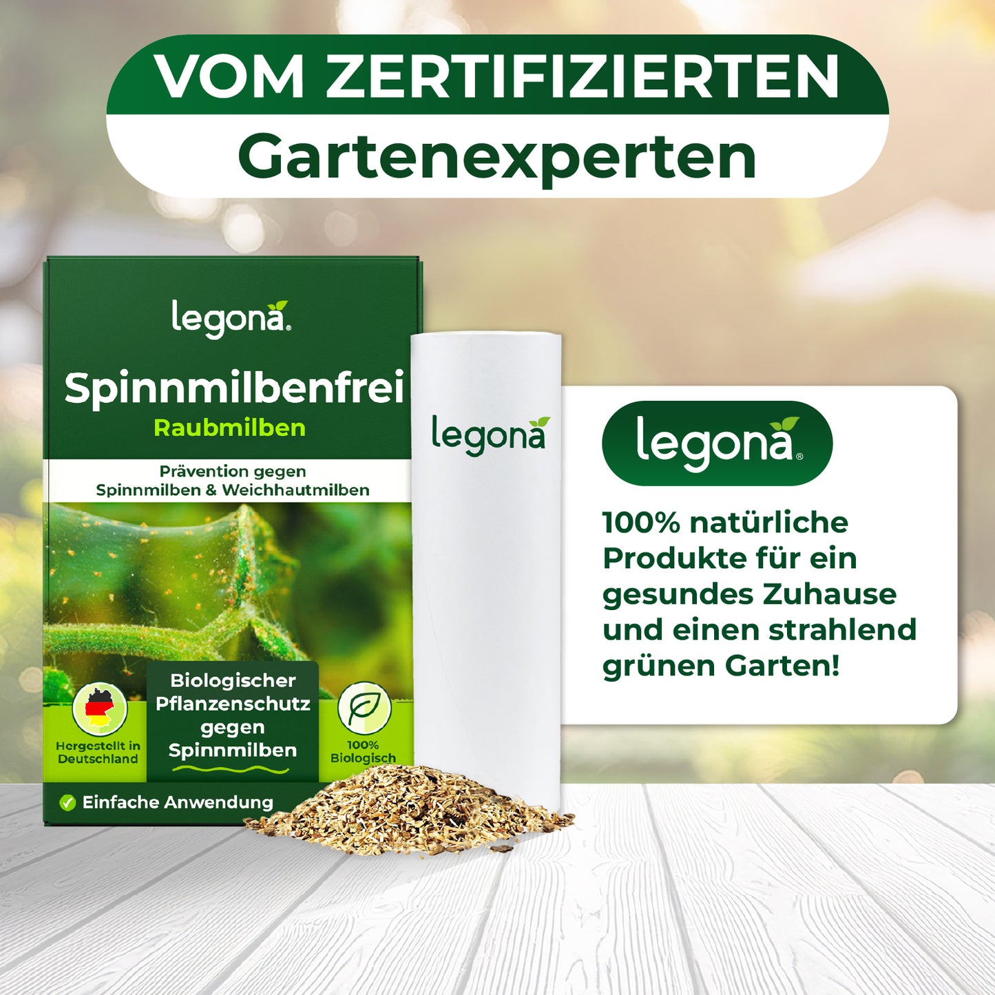 Verpackung von Legona Raubmilben gegen Spinnmilben mit Bild von Spinnmilben auf einer Pflanze und Texten zu nachhaltiger Schädlingsbekämpfung und 100 % biologisch