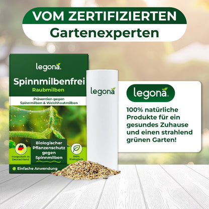 Verpackung von Legona Raubmilben gegen Spinnmilben mit Bild von Spinnmilben auf einer Pflanze und Texten zu nachhaltiger Schädlingsbekämpfung und 100 % biologisch
