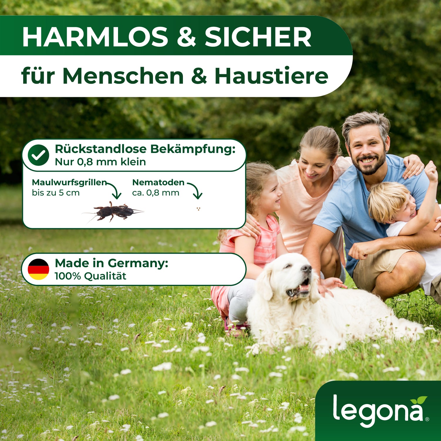 Familie mit zwei Erwachsenen, Kind und weißem Hund sitzt auf einer Wiese, Sichere Bekämpfung von Maulwurfsgrillen mit Legona Nematoden
