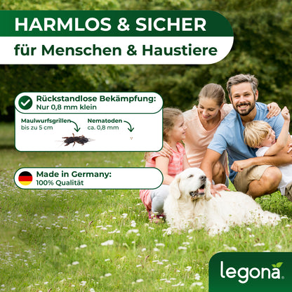 Familie mit zwei Erwachsenen, Kind und weißem Hund sitzt auf einer Wiese, Sichere Bekämpfung von Maulwurfsgrillen mit Legona Nematoden