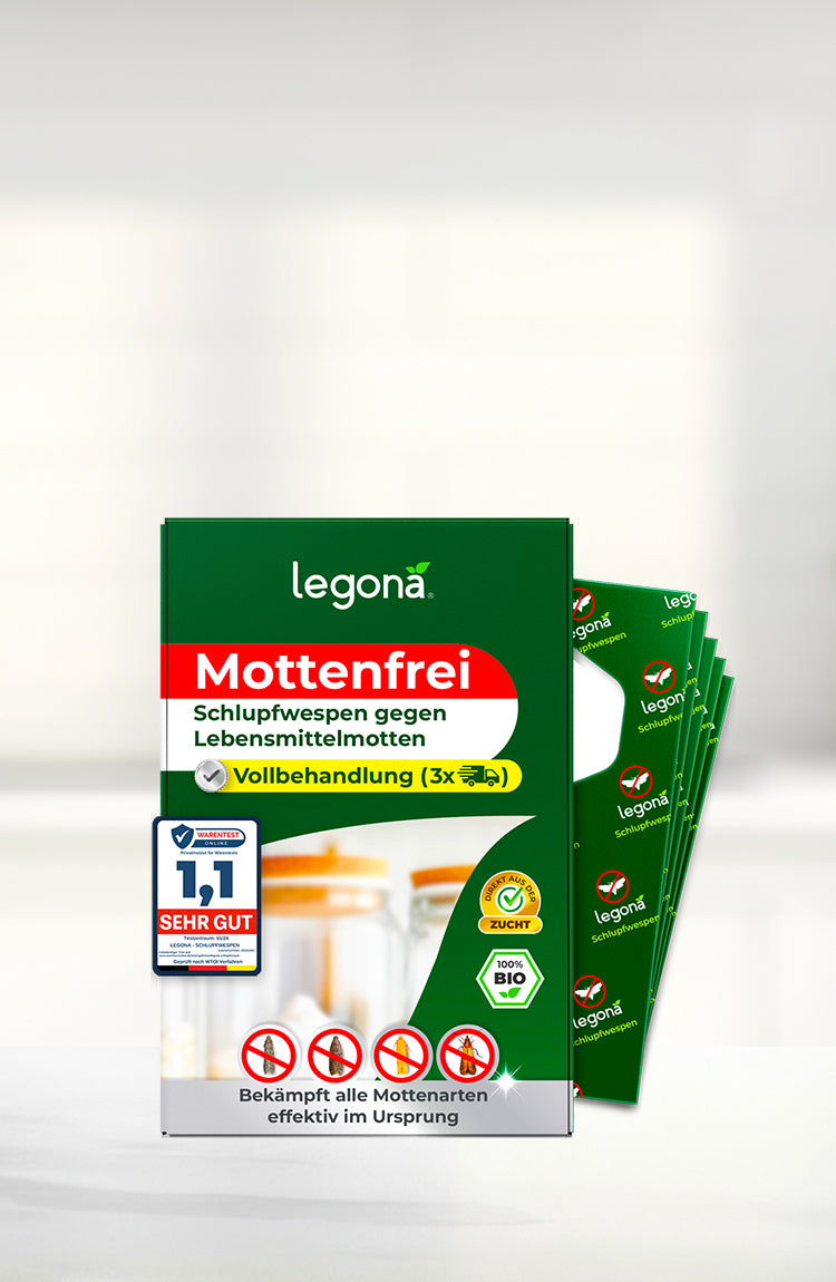 Verpackung von Legona Schlupfwespen mit mehreren grünen Trägerstreifen im Hintergrund